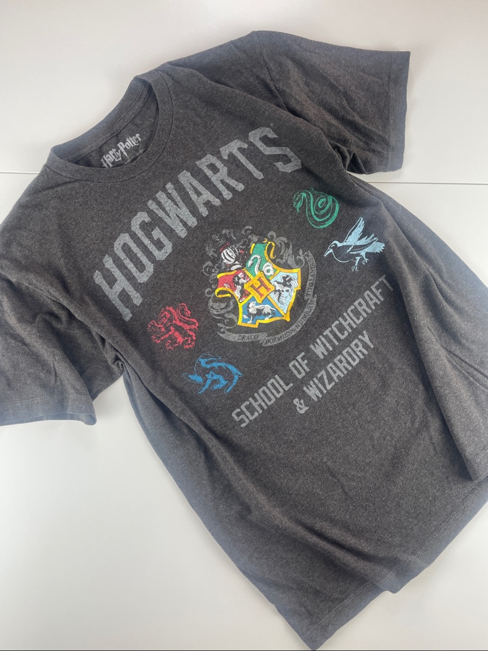 Warner Bros. Hogwarts Crest Short Sleeve Tee - Dark Gray with Multicolor Crest